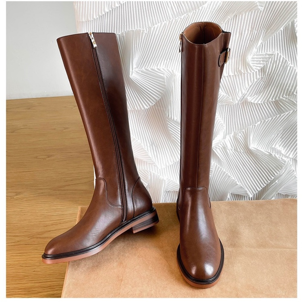 Dark Brown Tall faux leather Women boots with zipper